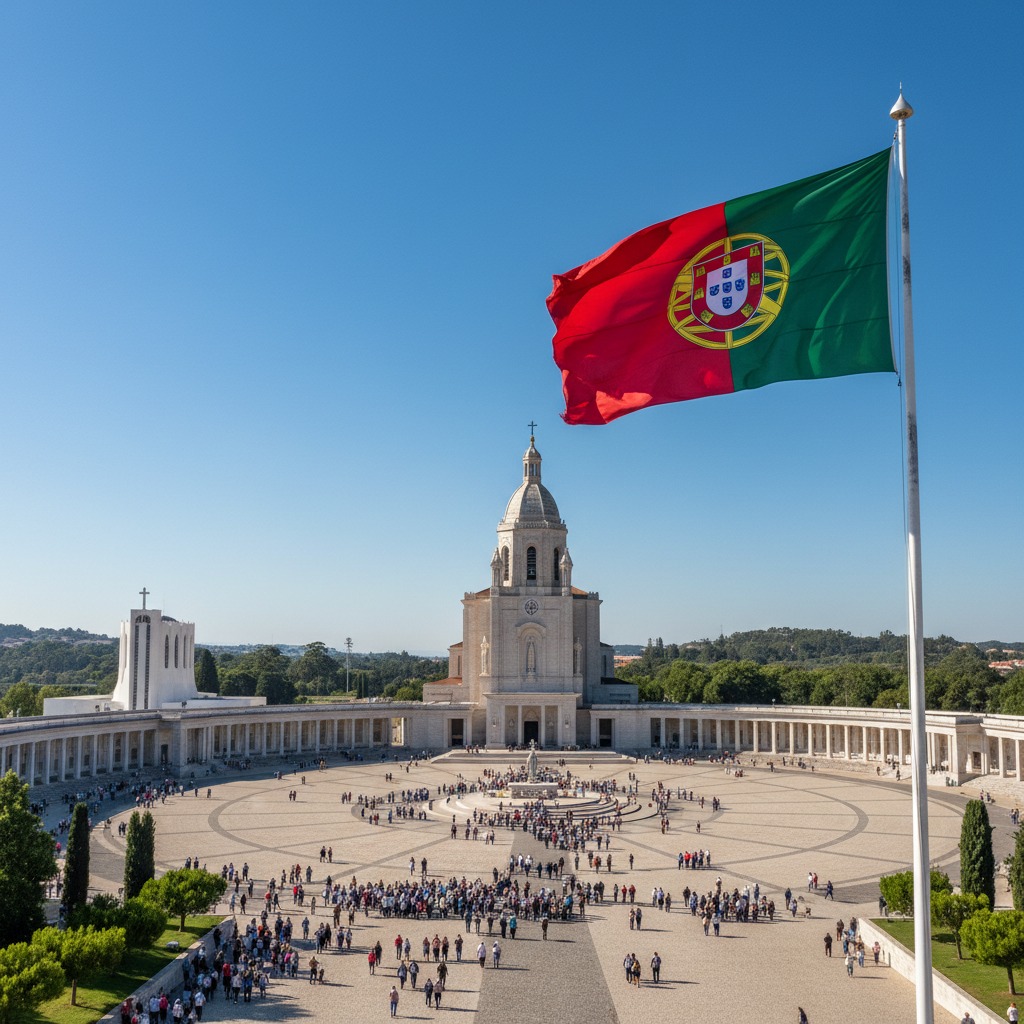 A bandeira de Portugal tremula no mastro em primeiro plano, tendo ao fundo a ampla praça e a imponente Basílica da Santíssima Trindade em Fátima, sob um céu azul sem nuvens.