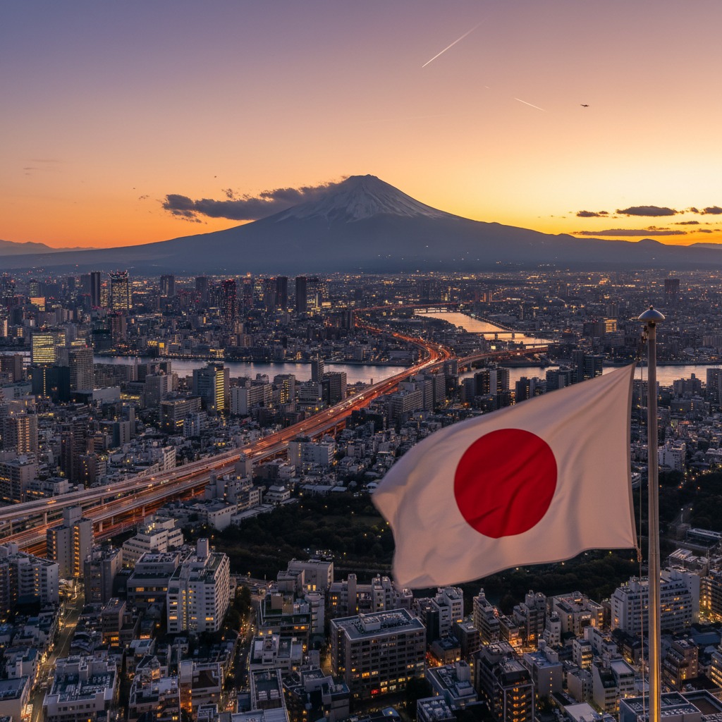 A bandeira do Japão tremula em primeiro plano com a paisagem urbana de Tóquio e o Monte Fuji ao fundo durante o pôr do sol.