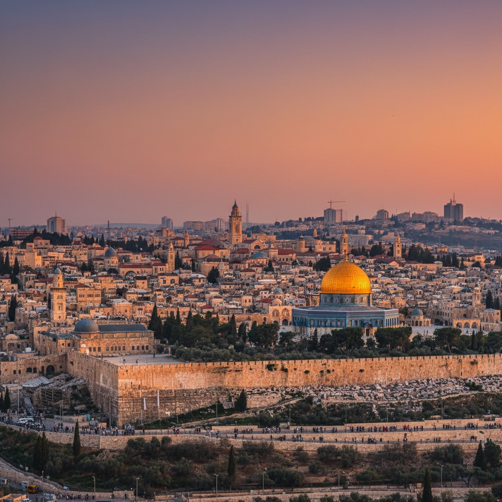 Vista aérea de Jerusalém ao entardecer, destacando a Cúpula da Rocha com sua cúpula dourada e as antigas muralhas da cidade.