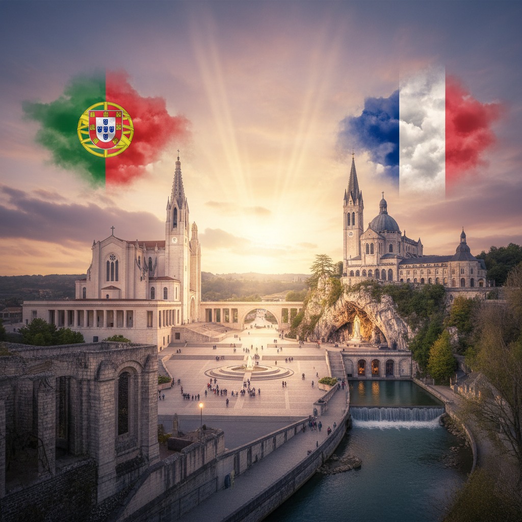 Ilustração composta que une a Basílica da Santíssima Trindade em Fátima, Portugal, e o Santuário de Nossa Senhora de Lourdes, na França, sob o céu do amanhecer com as respectivas bandeiras em fumaça.